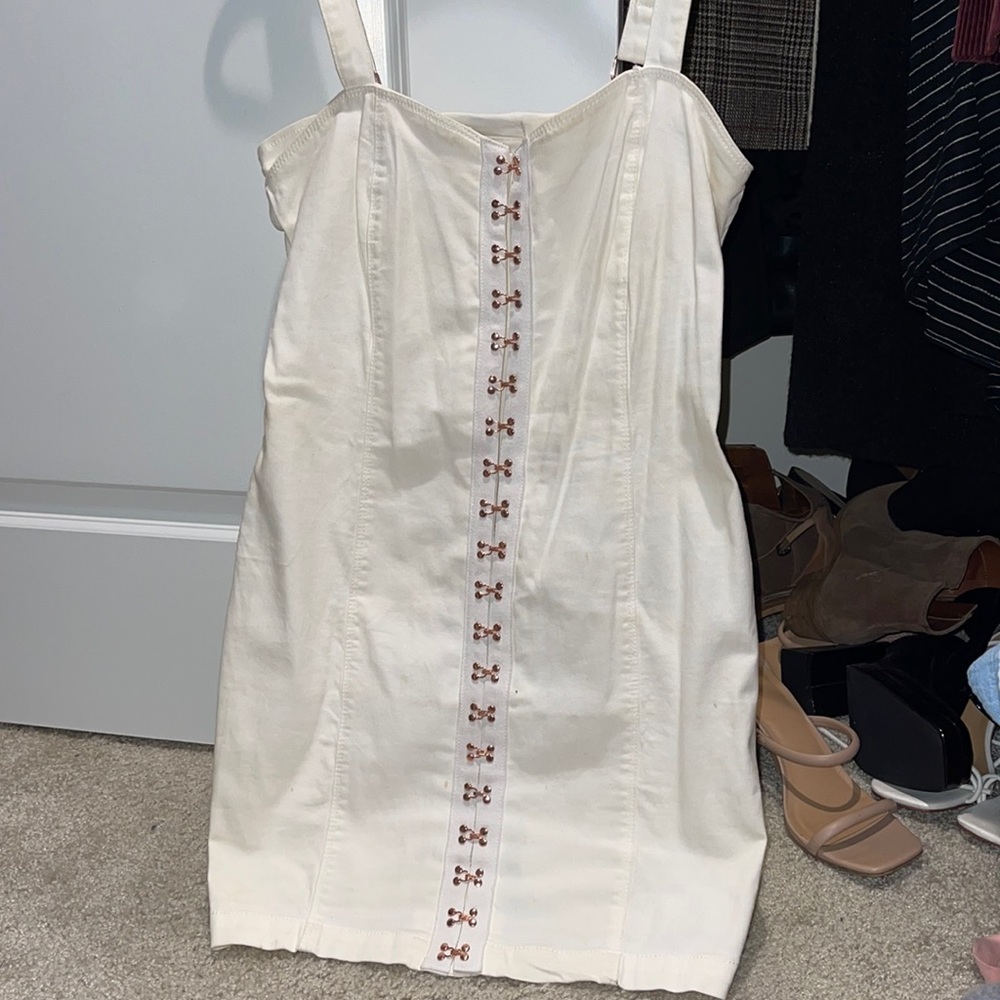 White Denim Dress- rose gold details